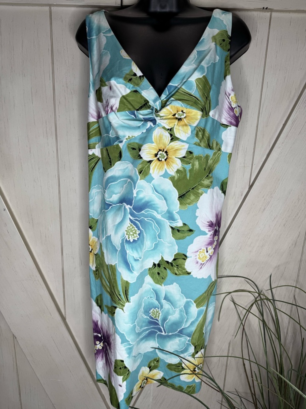 Jones New York Aqua Floral Midi Dress with Green and Yellow Accents